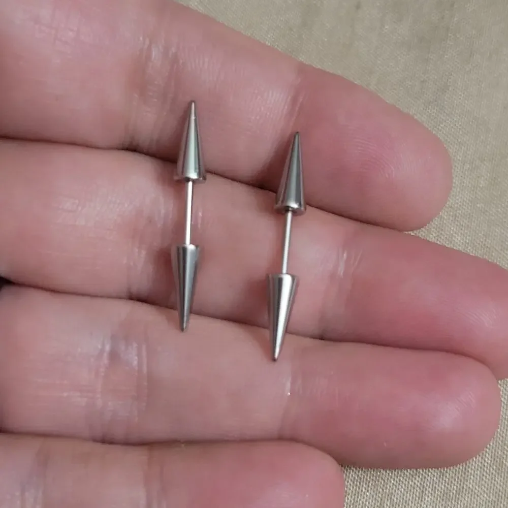 Silver stainless steel spiked screw on earrings